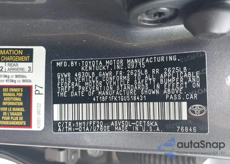 2016 Toyota Camry Se from USA, damaged, VIN 4T1BF1FK1GU518431